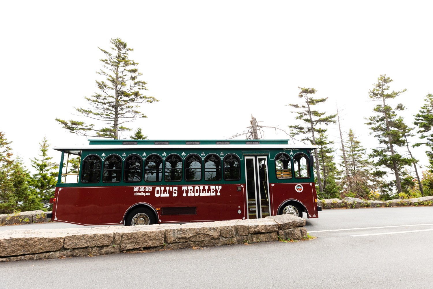 A tour bus driving down a street