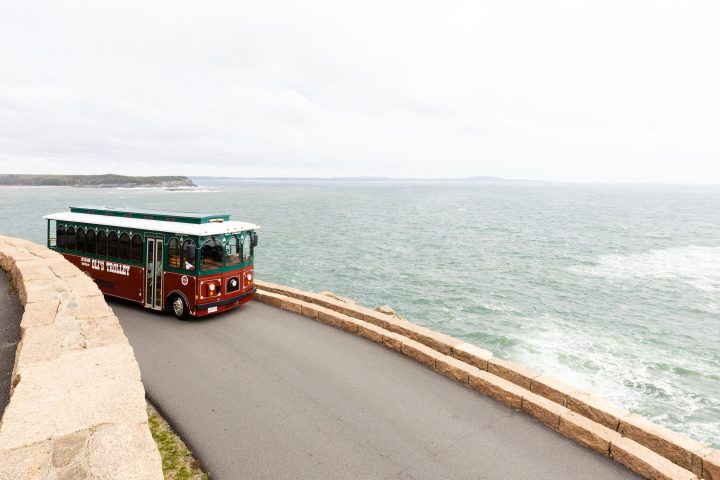 Red trolley bus on coastal road near ocean with overcast sky.