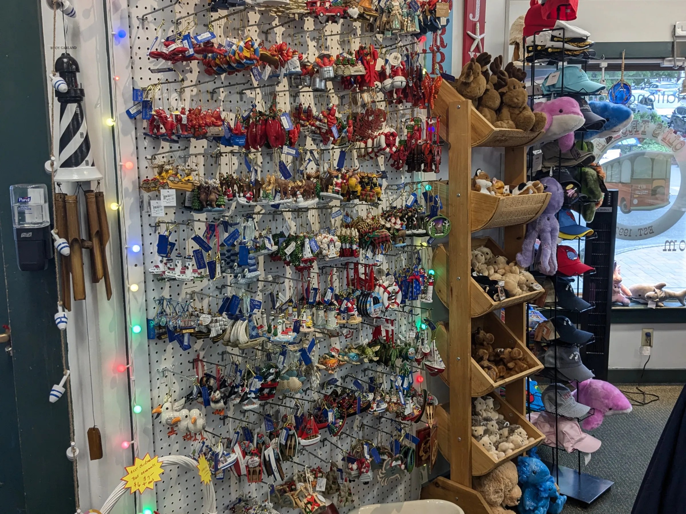 a group of stuffed animals on display in a store