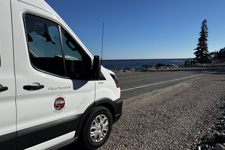 White van parked by a coastal road with clear skies.